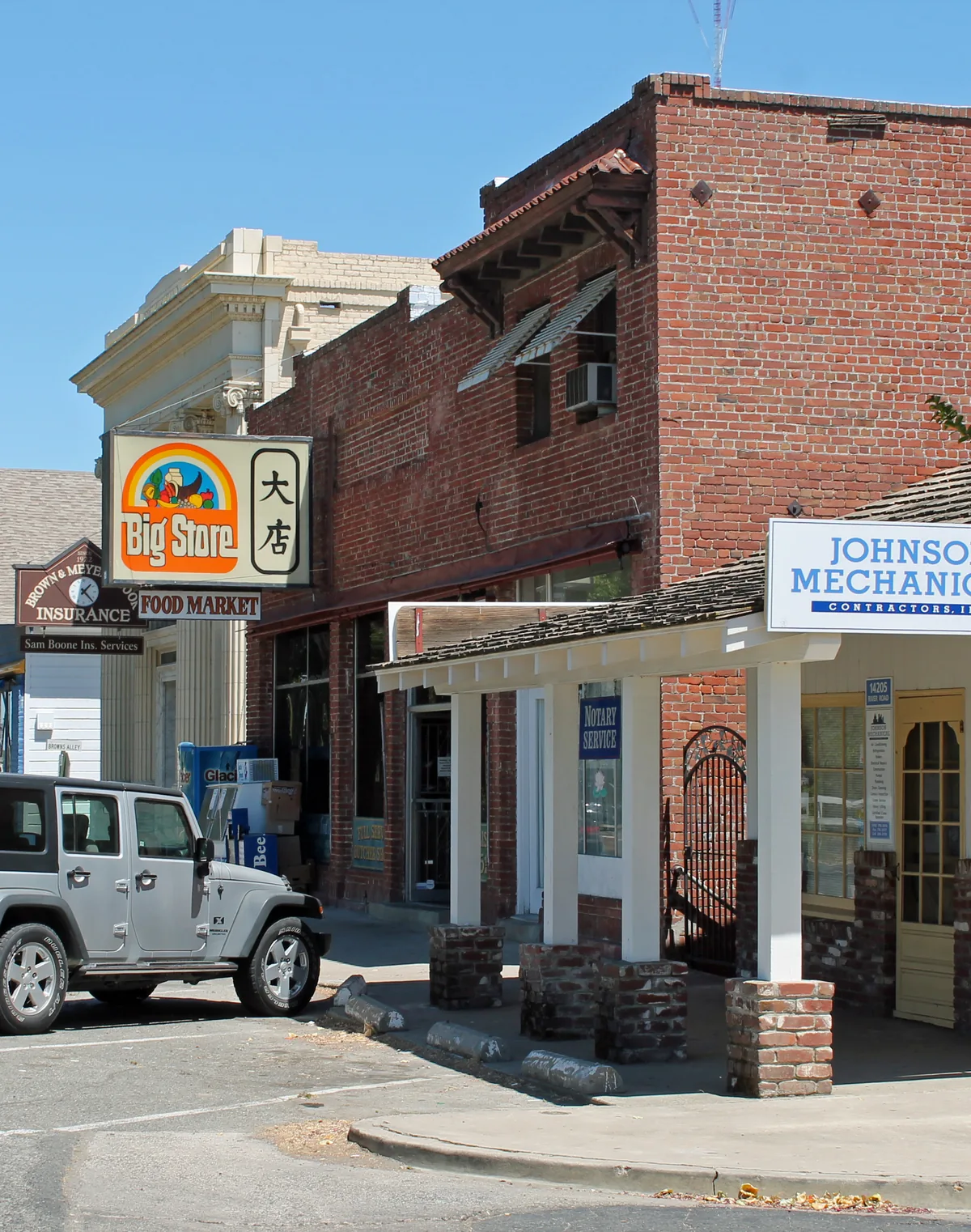 Historic brick storefronts in Old Town Elk Grove, California